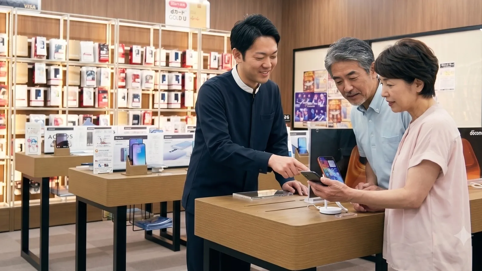 ドコモショップで男性スタッフがお客さまに丁寧に提案をしている。