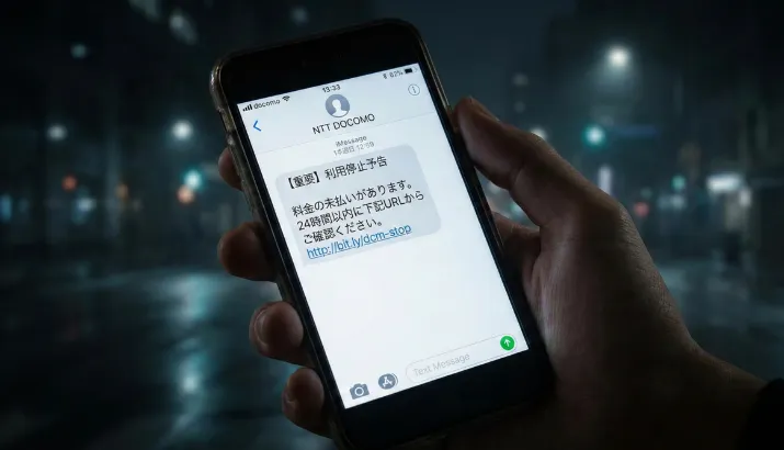 暗い部屋で「利用停止予告」という詐欺SMSを見て不安になっている様子