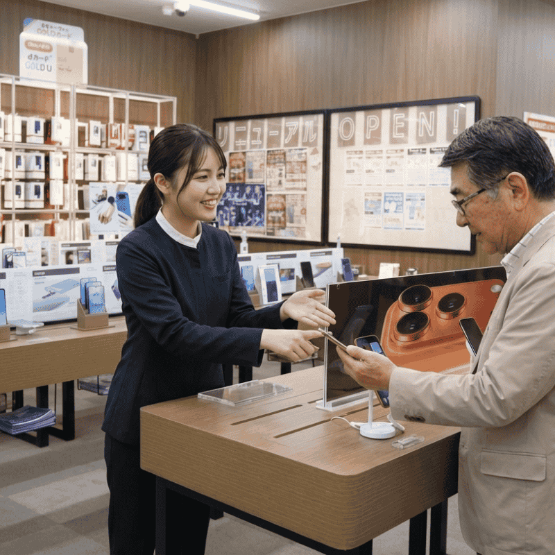 リニューアルオープンしたドコモショップの店内で、笑顔の女性スタッフが年配の男性客に最新のスマートフォンを指し示しながら丁寧に説明している接客風景。