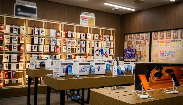 木目調の棚に最新のスマートフォンやアクセサリーが整然と並ぶ、ドコモショップ新庄南店・東根店の改装リニューアル後の清潔感ある店内写真。手前には実機体験コーナーがあり、「リニューアルOPEN!」のポスターが掲示されている。