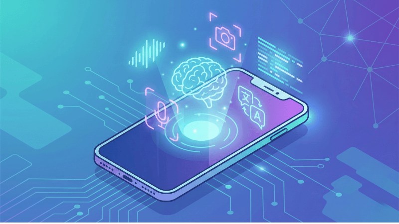 2025年のスマホトレンド「オンデバイスAI」のイメージイラスト。スマートフォンから脳、音声認識、カメラ、翻訳などの機能がホログラムのように浮かび上がっている様子。