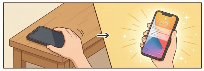 スマートフォンを持ち上げるだけでスリープが解除され画面が点灯するイメージ